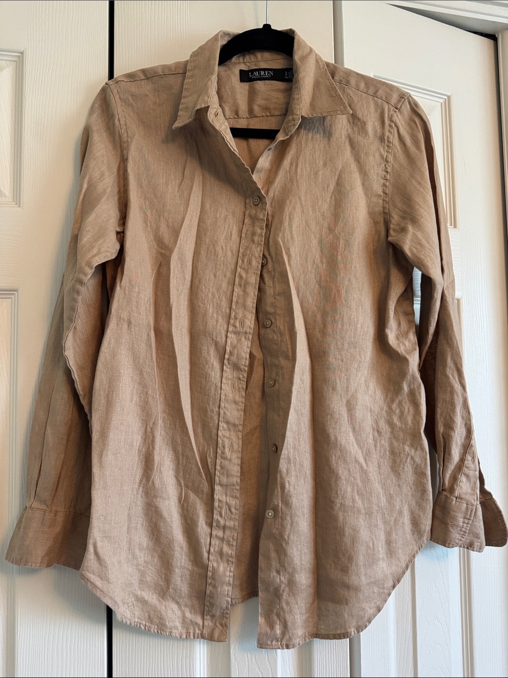Lauren Ralph Lauren womenโs Tan linen Button-Down Long Sleeve Shirt